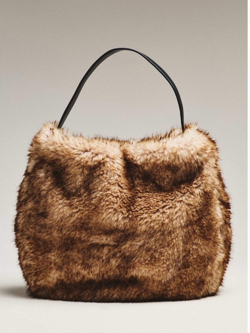 Anthropologie Brown Faux Fur Tote with Black Handles